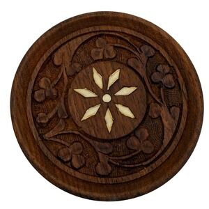 Vintage Busch Gardens Hand-Carved Bone Inlay Wood Coaster Set - 6 Floral